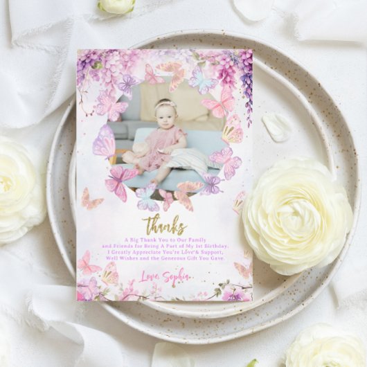 BUDGET クリスタルゴールドの蝶々と藤の花の子供の誕生日写真 サンキューカード