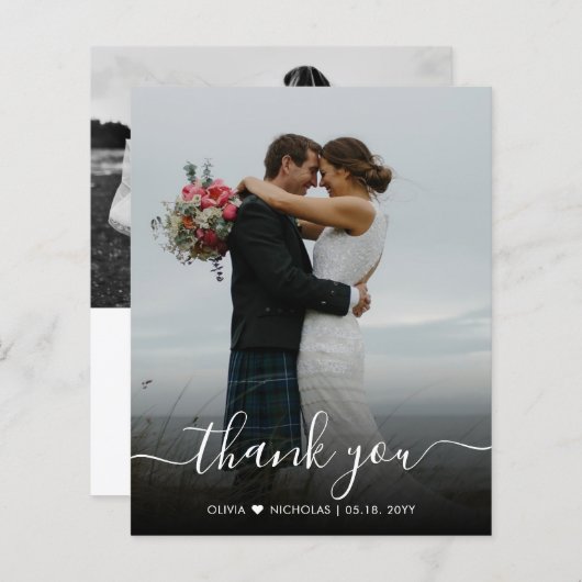 Budget モダン Script写真の結婚サンキューカード (正面/裏面)