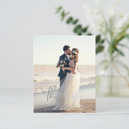 Budget モダン Script結婚の写真サンキューカード (スタンド正面)