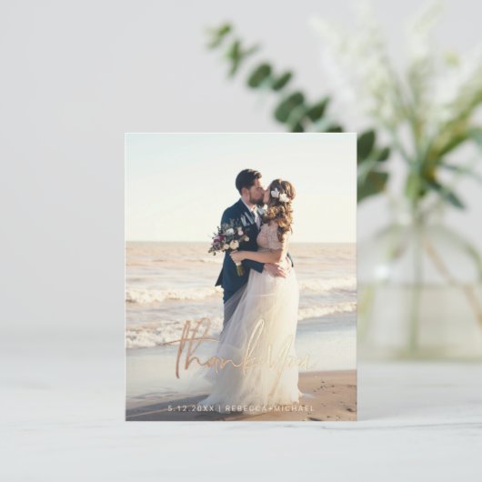 Budget モダン Script結婚の写真サンキューカード (スタンド正面)