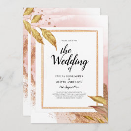＜BUDGET＞ ローズゴールドの葉の結婚式招待状 QRコード付き 招待状