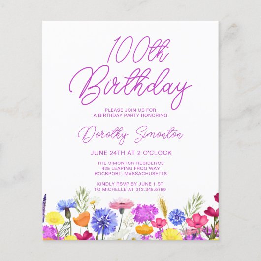 BUDGET 100th誕生日パープルワイルドフラワー招待状 (正面)
