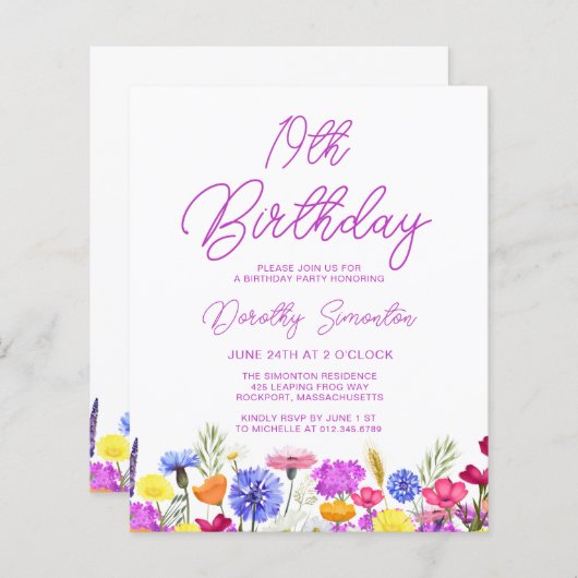 BUDGET 19誕生日パープルワイルドフラワー招待状 (正面/裏面)