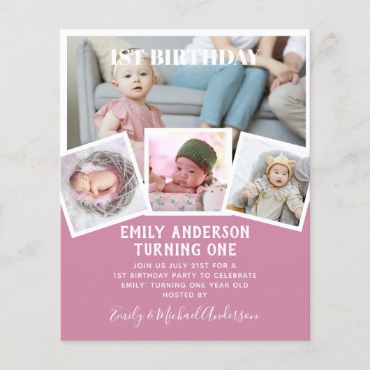 BUDGET 1st誕生日フォト招待状または感謝 チラシ (正面)