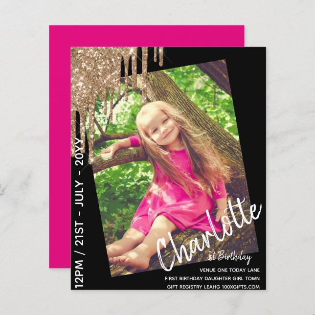 BUDGET 1st Birthday Girl One Todayフォト招待状 (正面/裏面)