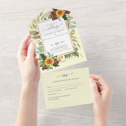 BUDGET 3in1 ワインレッドのひまわり ウェディング出欠確認 オールインワン招待状 (貼ってはがせる)