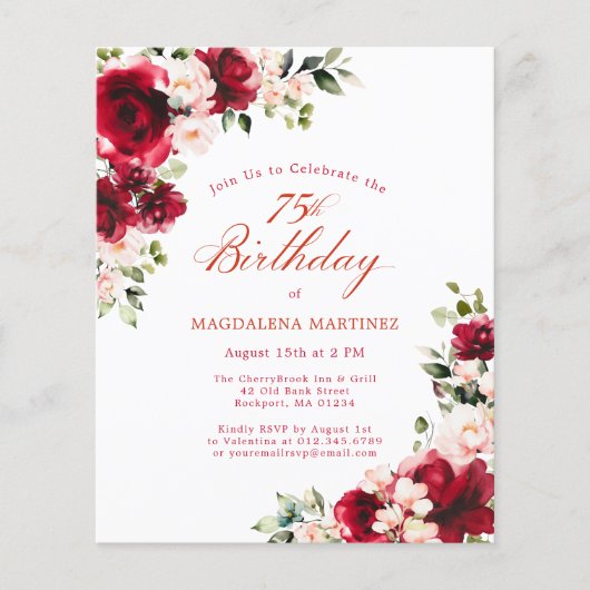 BUDGET 75th Birthday Red Pink Rose Invitation (正面)