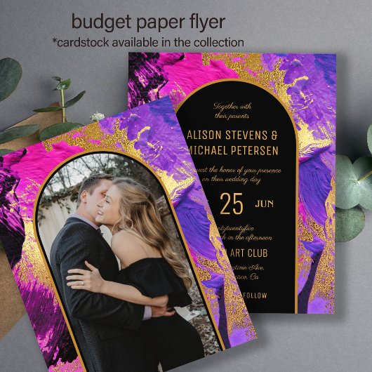Budget abstract pink arch PHOTO wedding Invitation チラシ