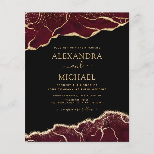 Budget Agate Burgundy Gold Wedding Invitation チラシ (正面)