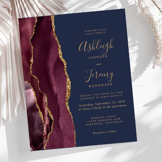 Budget Agate Burgundy Navy Blue Wedding Invitation