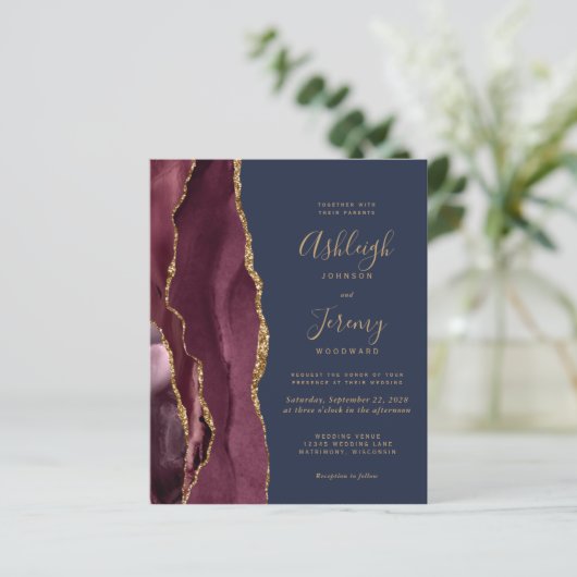 Budget Agate Burgundy Navy Blue Wedding Invitation (スタンド正面)