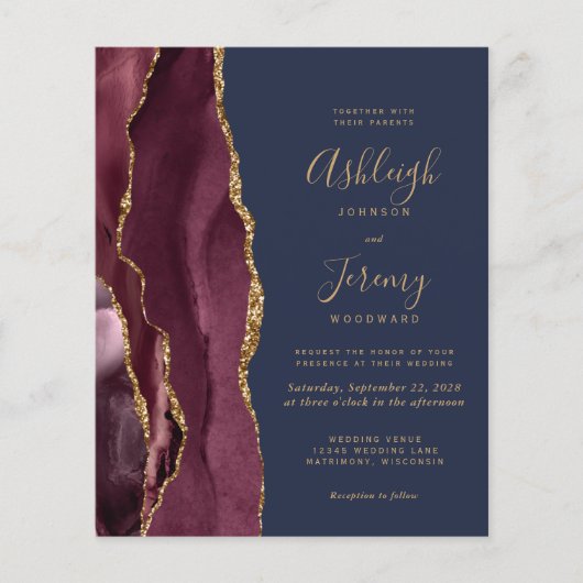 Budget Agate Burgundy Navy Blue Wedding Invitation (正面)