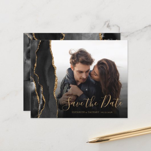 Budget Agate Geode黒い金ゴールド写真Save the Date (正面/裏面インサイチュ)
