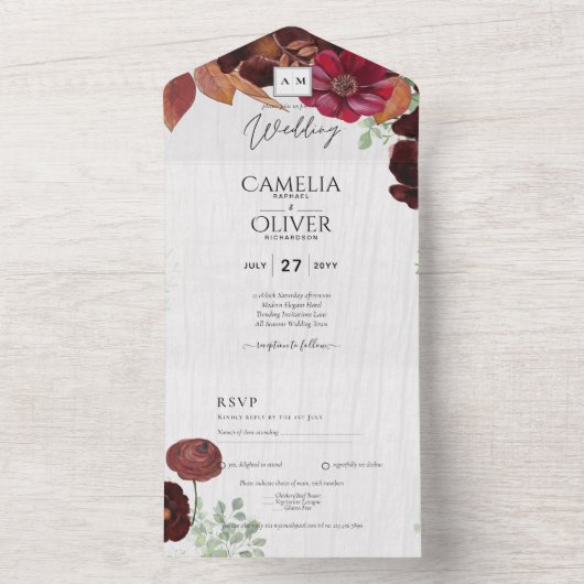 BUDGET All-in1素朴秋マルーン結婚ブルゴーニュ オールインワン招待状 (内側)