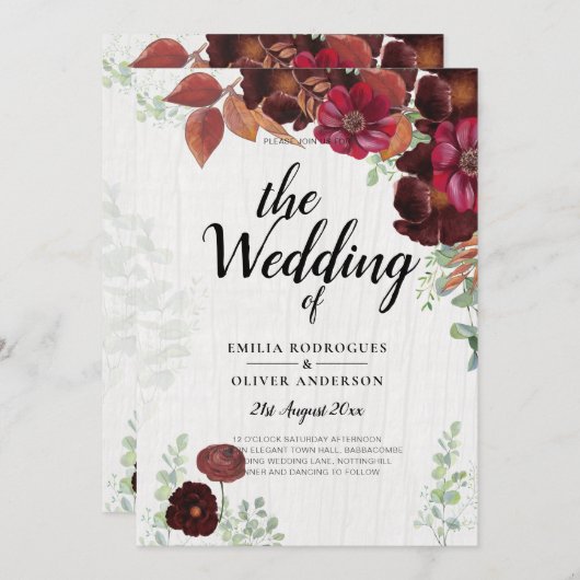 BUDGET All-in1素朴秋マルーン結婚ブルゴーニュ 招待状 (正面/裏面)