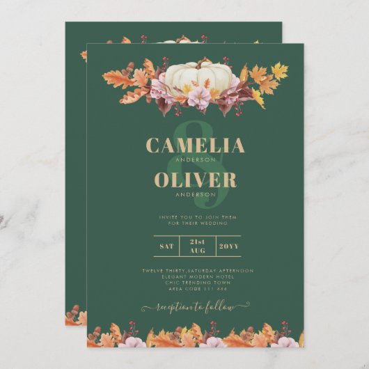 BUDGET All-in-1秋パンプキングリーン金ゴールド結婚ズ 招待状 (正面/裏面)