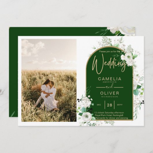 Budget All-in-1 White Roses GreenのQRコ結婚ード 招待状 (正面/裏面)