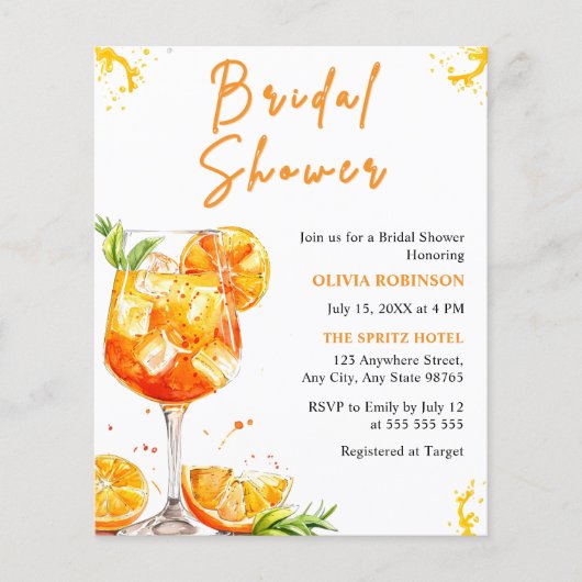 Budget Aperol Spritz Cocktail Bridal Shower Invite チラシ (正面)
