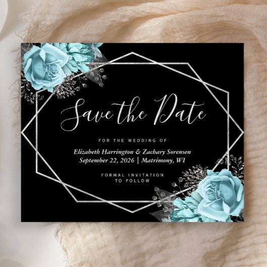 Budget Aqua Floral Black Wedding Save the Date