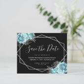 Budget Aqua Floral Black Wedding Save the Date (スタンド正面)