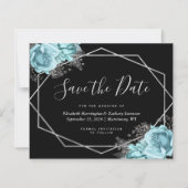 Budget Aqua Floral Black Wedding Save the Date (正面)
