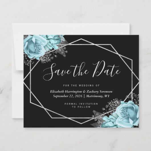 Budget Aqua Floral Black Wedding Save the Date (正面)