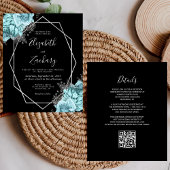 Budget Aqua Silver Floral Black QR Code Wedding