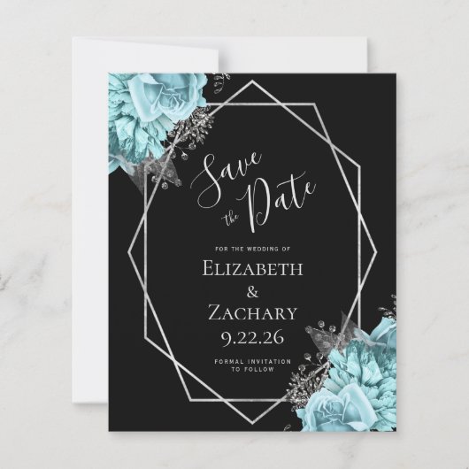 Budget Aqua Silver Floral Black Save the Date (正面)