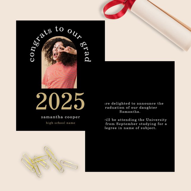 Budget Arch Photo 2025 Grad Black Announcement (front and back view)