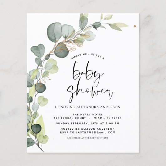 Budget Baby Shower Greenery Eucalyptus Invitations (正面)
