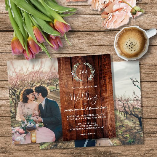 Budget barn wood monogram photo Wedding invitation チラシ