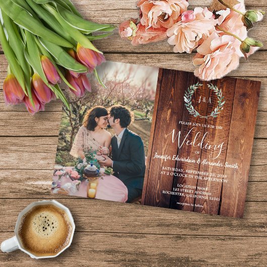 Budget barn wood monogram photo Wedding invitation チラシ