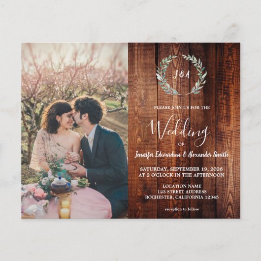 Budget barn wood monogram photo Wedding invitation チラシ (正面)