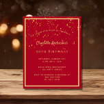 Budget birthday party red gold confetti invitation<br><div class="desc">A trendy,  modern 50th (or any age) birthday party invitation card for both him and her.  Red backround with a faux gold frame and golden confetti sprinkle,  golden colored letters. Personalize and add your party information.
Back: red background with confetti sprinkle.</div>