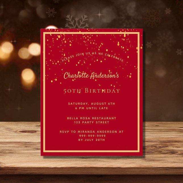 Budget birthday party red gold confetti invitation (クリエイターアップロード済み)