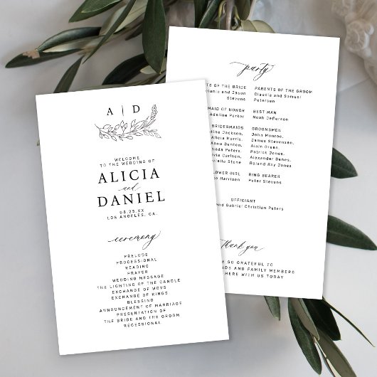 Budget black and white monogram wedding program