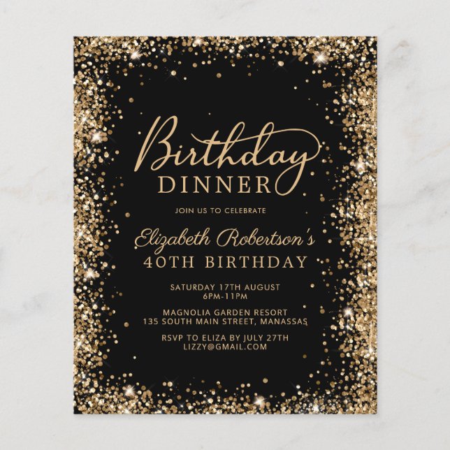 Budget Black Gold 40th Birthday Dinner Invitation (正面)