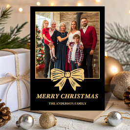 Budget Black & Gold Bow Family Christmas Photo シーズンカード