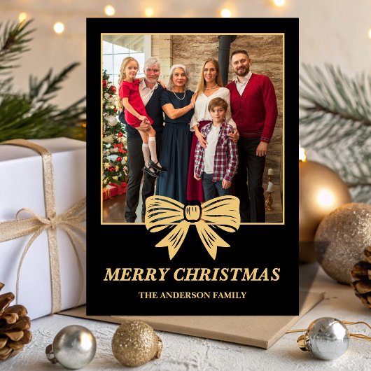 Budget Black & Gold Bow Family Christmas Photo シーズンカード