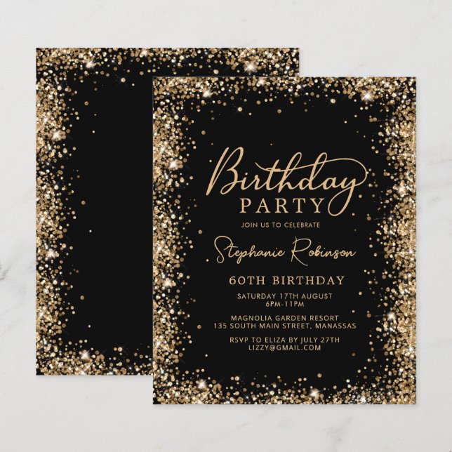 Budget Black Gold Glitter 60th Birthday Invitation (正面/裏面)