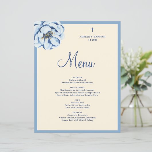 Budget Blue Floral Baby Boy Baptism Menu (スタンド正面)