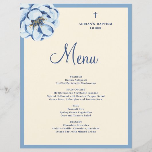 Budget Blue Floral Baby Boy Baptism Menu (正面)