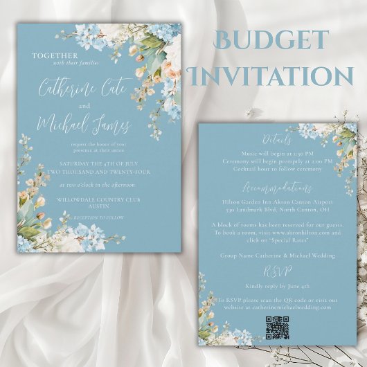 Budget Blue Floral Hydrangea Elegant Wedding 招待状