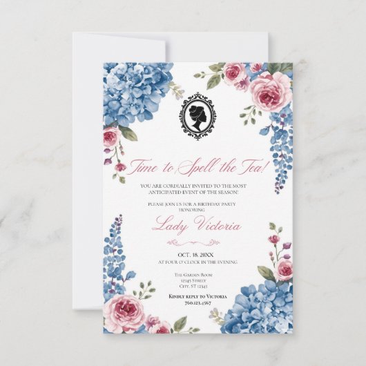 Budget Blue Florals Bridgerton Birthday Party 招待状 (正面)
