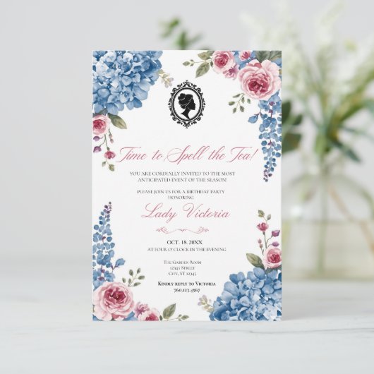 Budget Blue Florals Bridgerton Birthday Party 招待状 (スタンド正面)