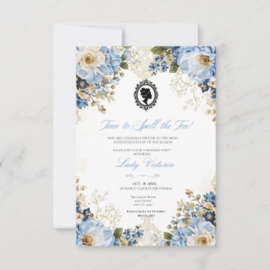 Budget Blue Florals Bridgerton Birthday Party 招待状 (正面)