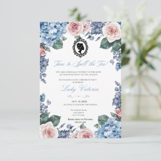 Budget Blue Florals Bridgerton Birthday Party 招待状 (スタンド正面)