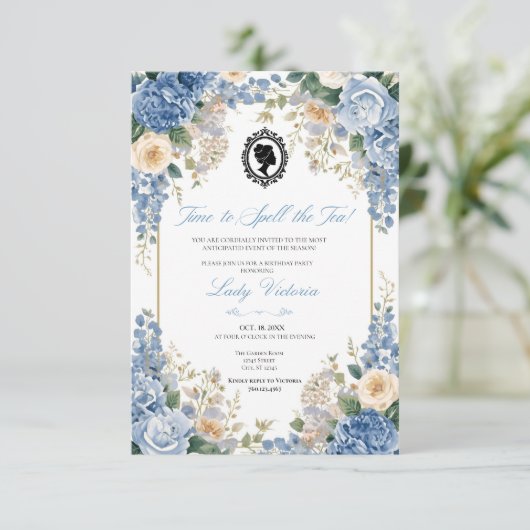 Budget Blue Florals Bridgerton Birthday Party 招待状 (スタンド正面)