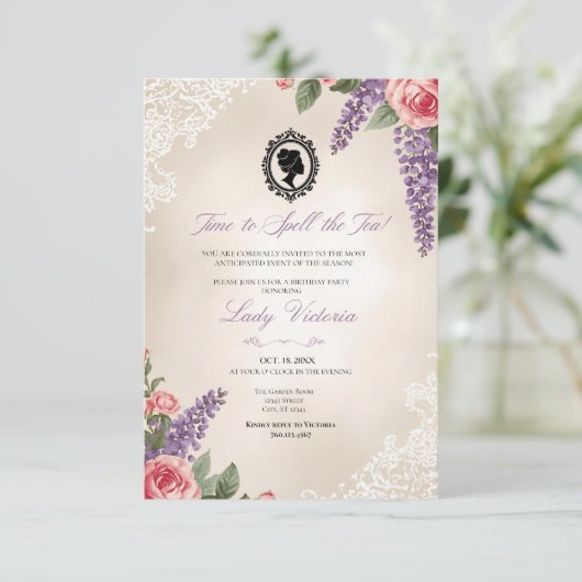 Budget Blue Florals Bridgerton Birthday Party 招待状 (スタンド正面)