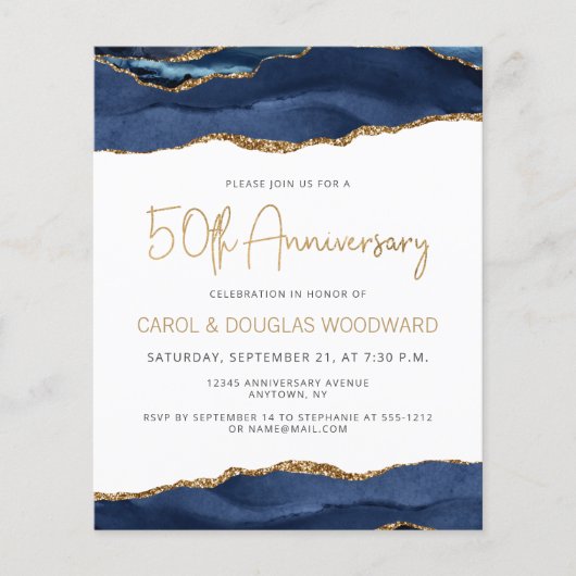 Budget Blue Gold Agate 50th Anniversary Invitation (正面)